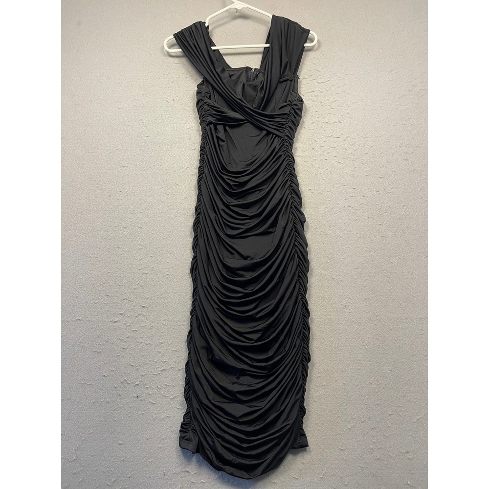 Cefian Bodycon Midi Dress Stretch Ruched Black Medium Womens